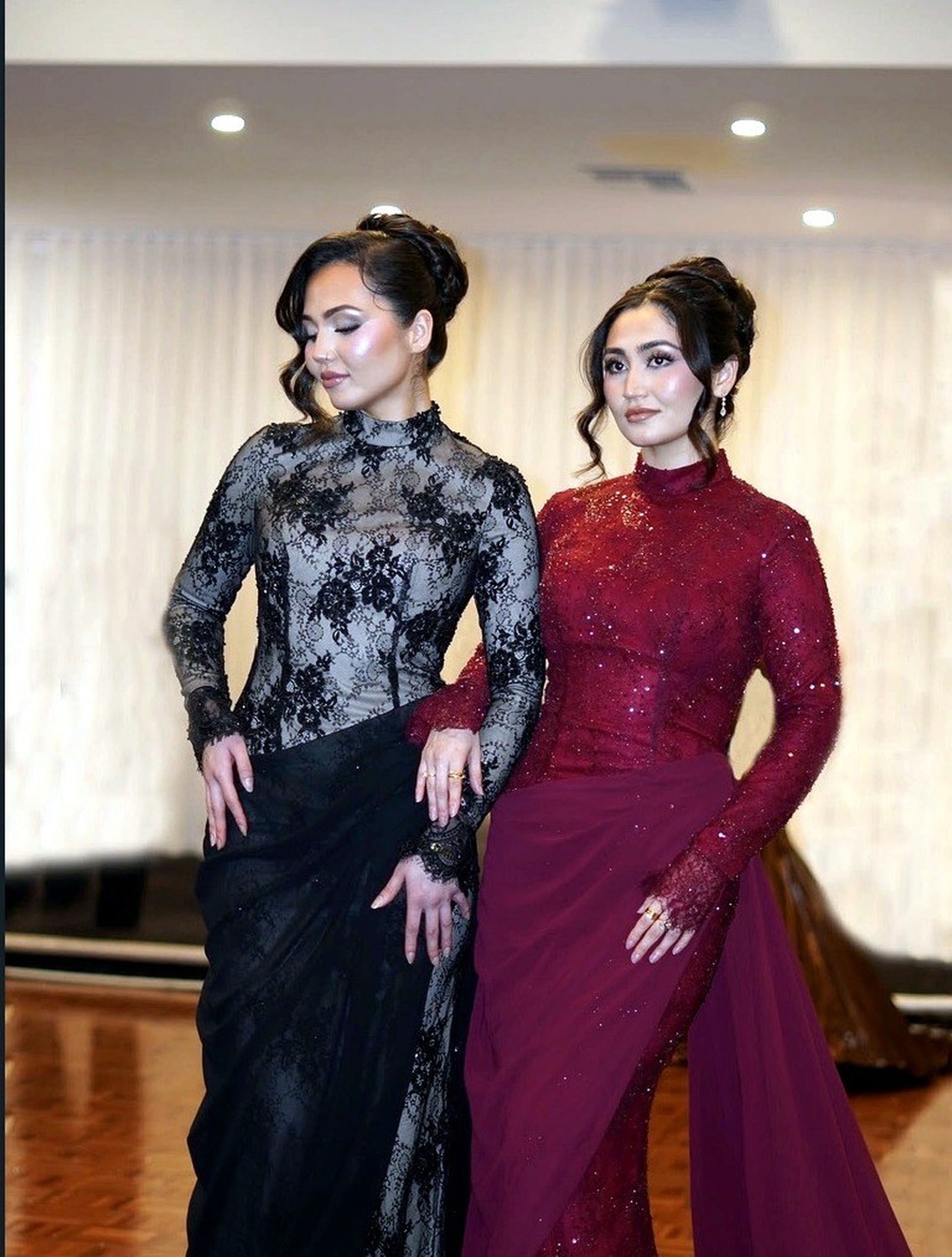 A model in a champagne beaded modest gown — RAIÉ Couture editorial