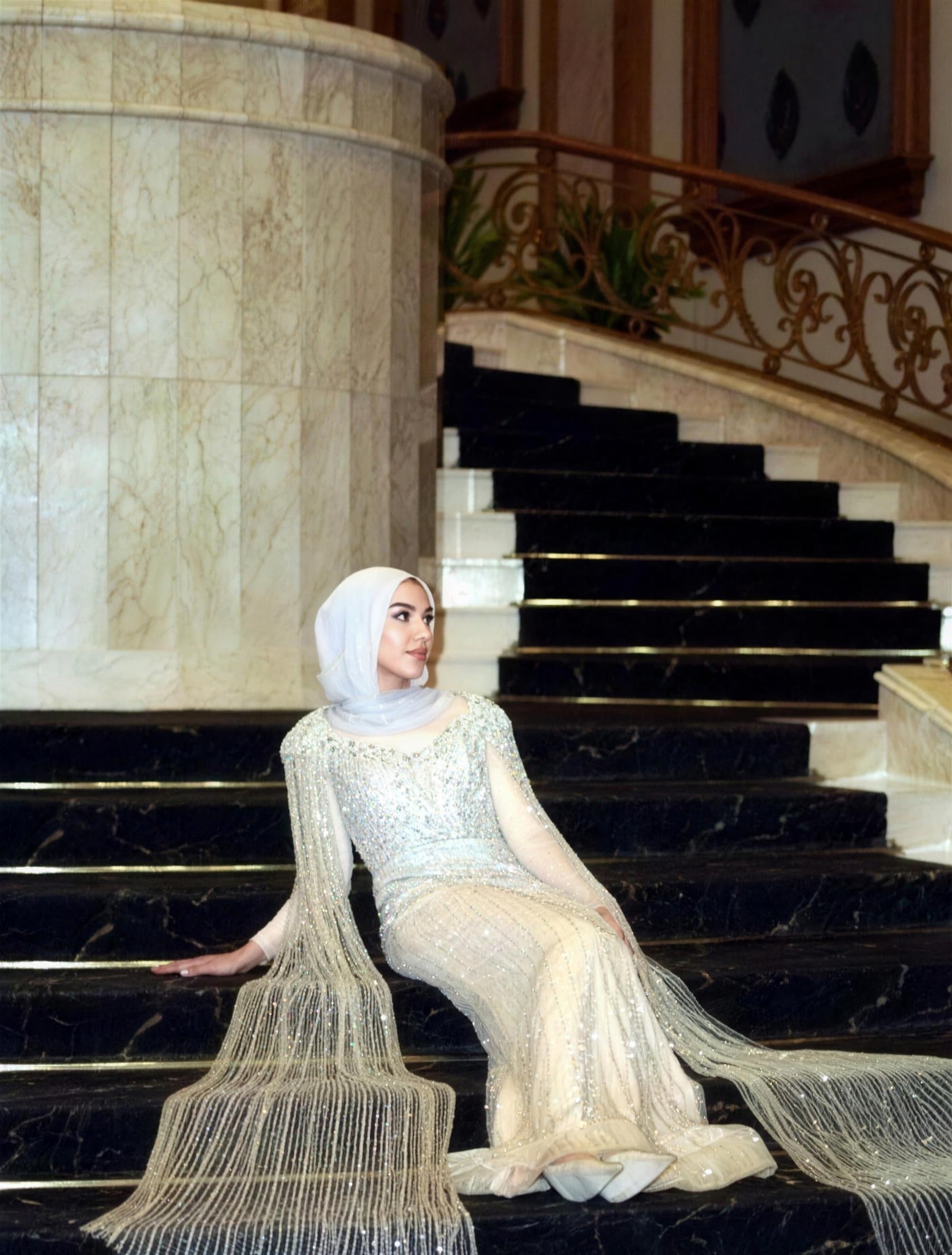 Black-lace modest evening gown by RAIÉ Couture