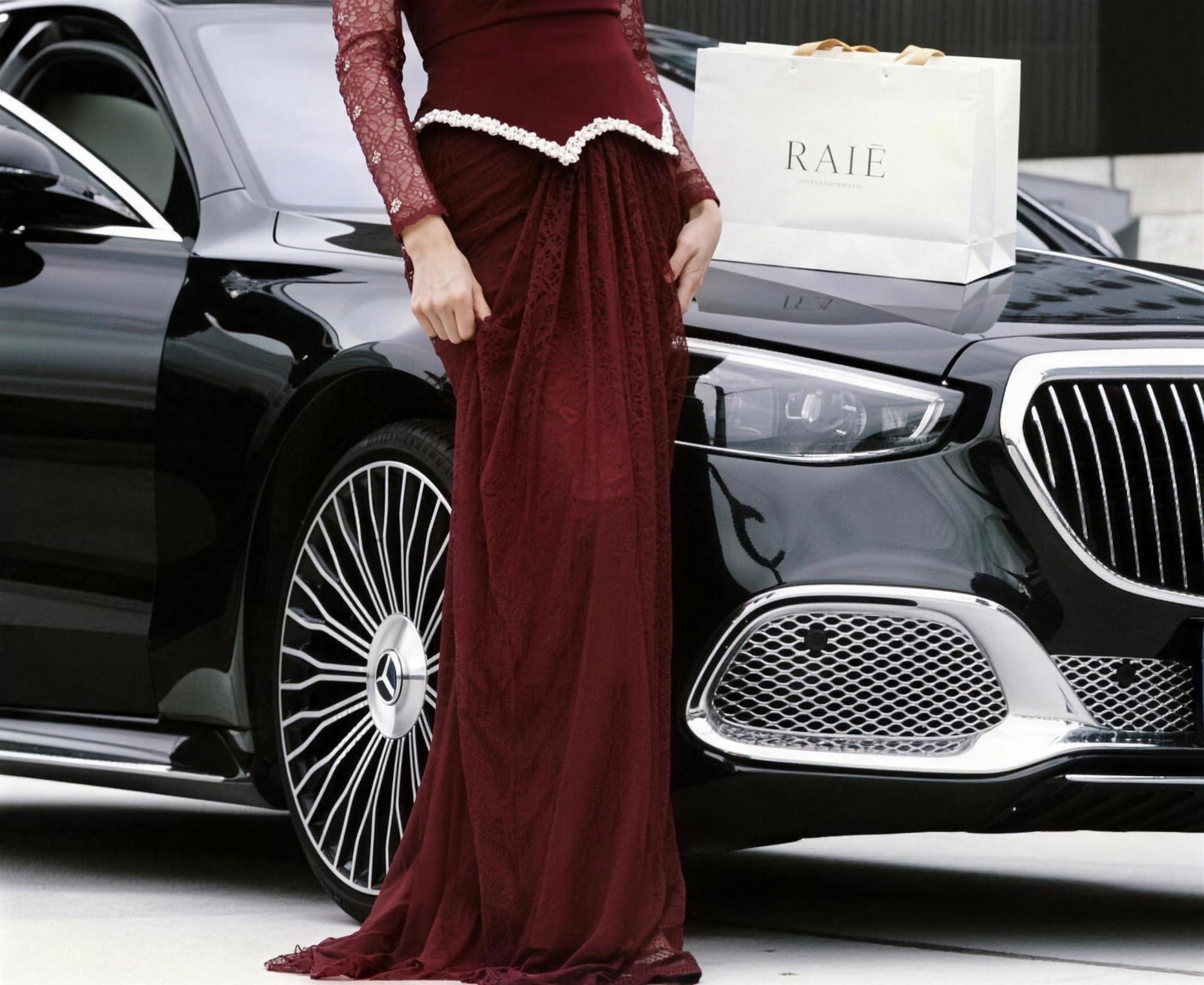 Champagne beaded modest evening gown by RAIÉ Couture