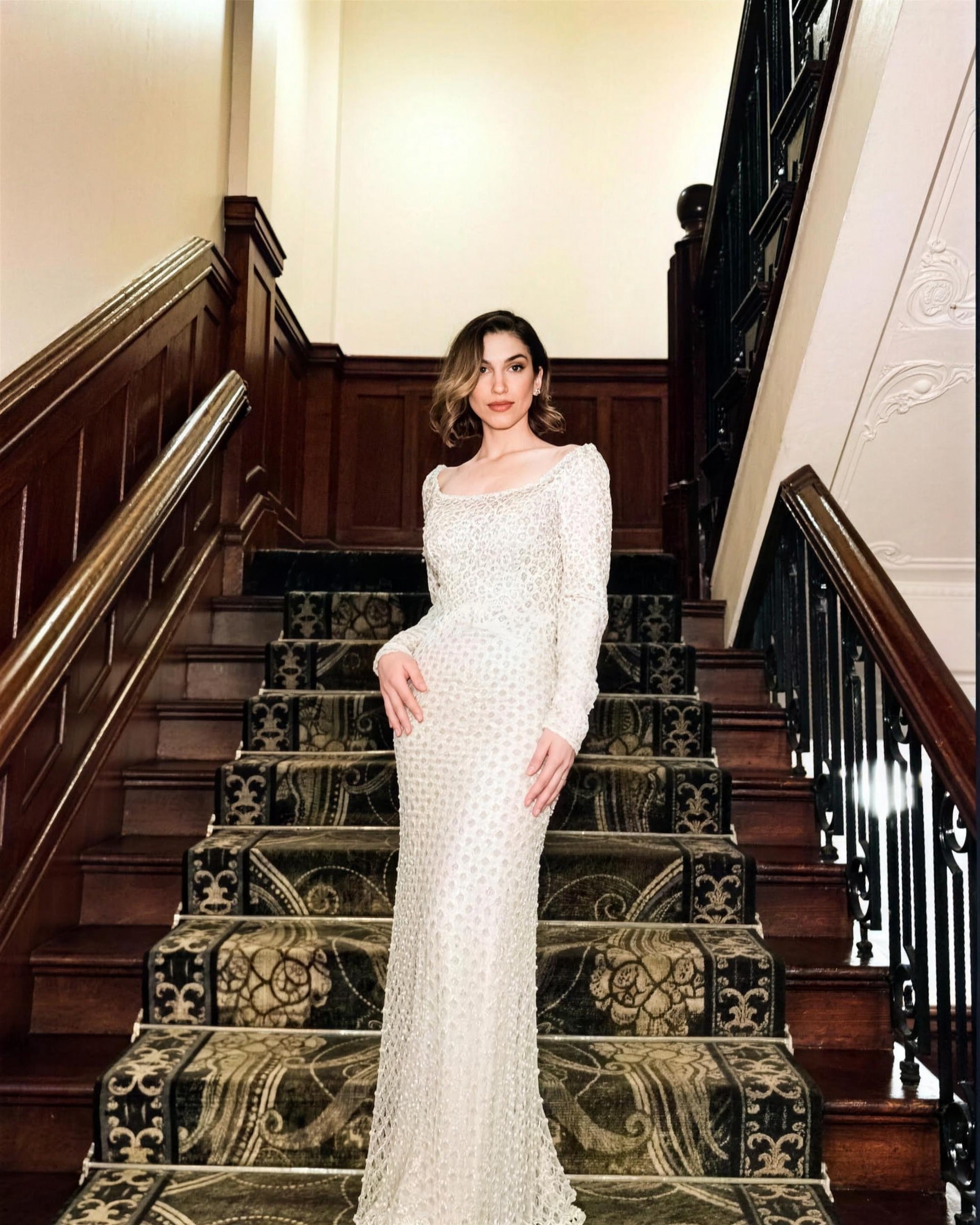 Champagne beaded modest evening gown by RAIÉ Couture