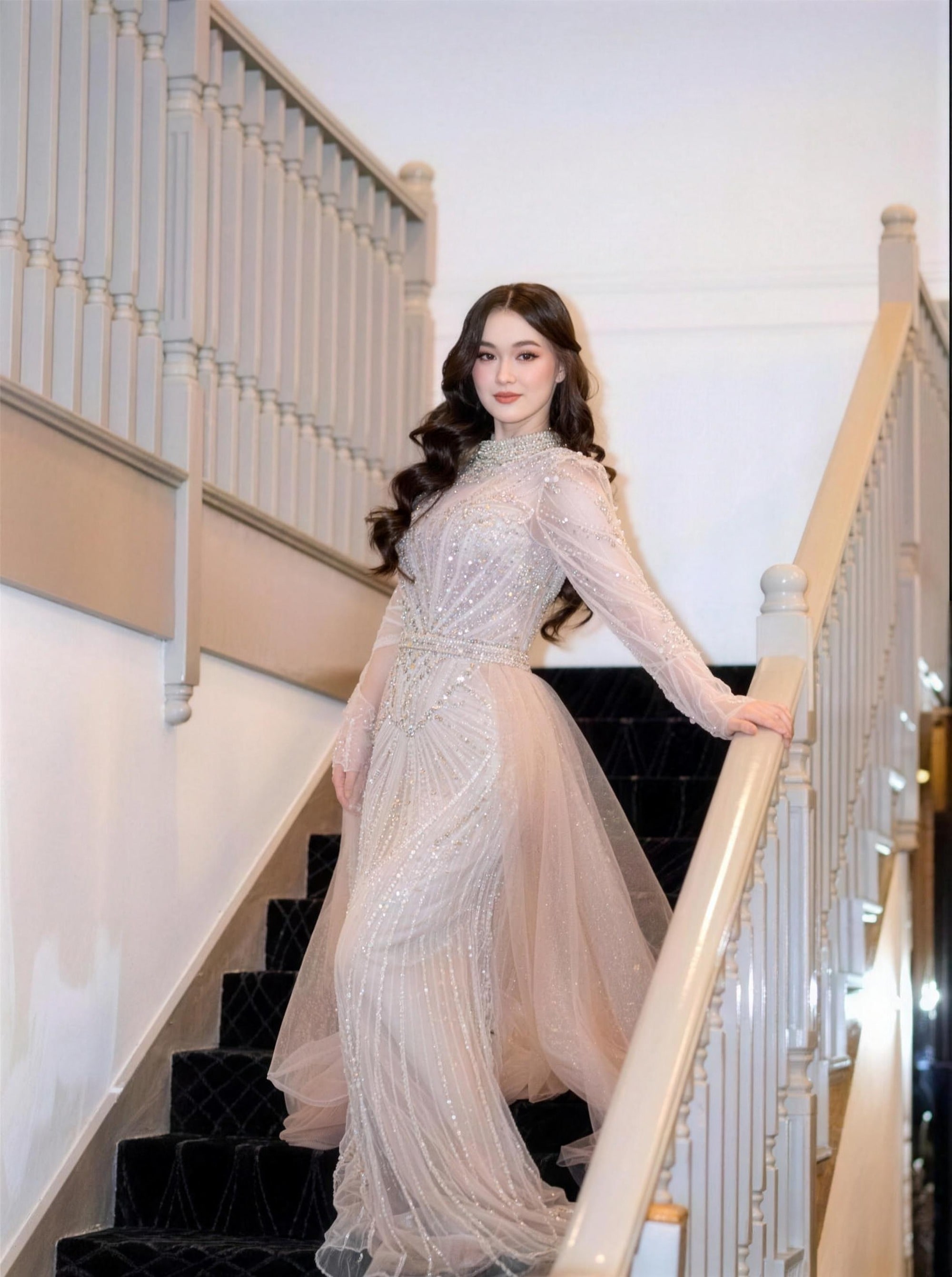 Champagne beaded modest evening gown by RAIÉ Couture