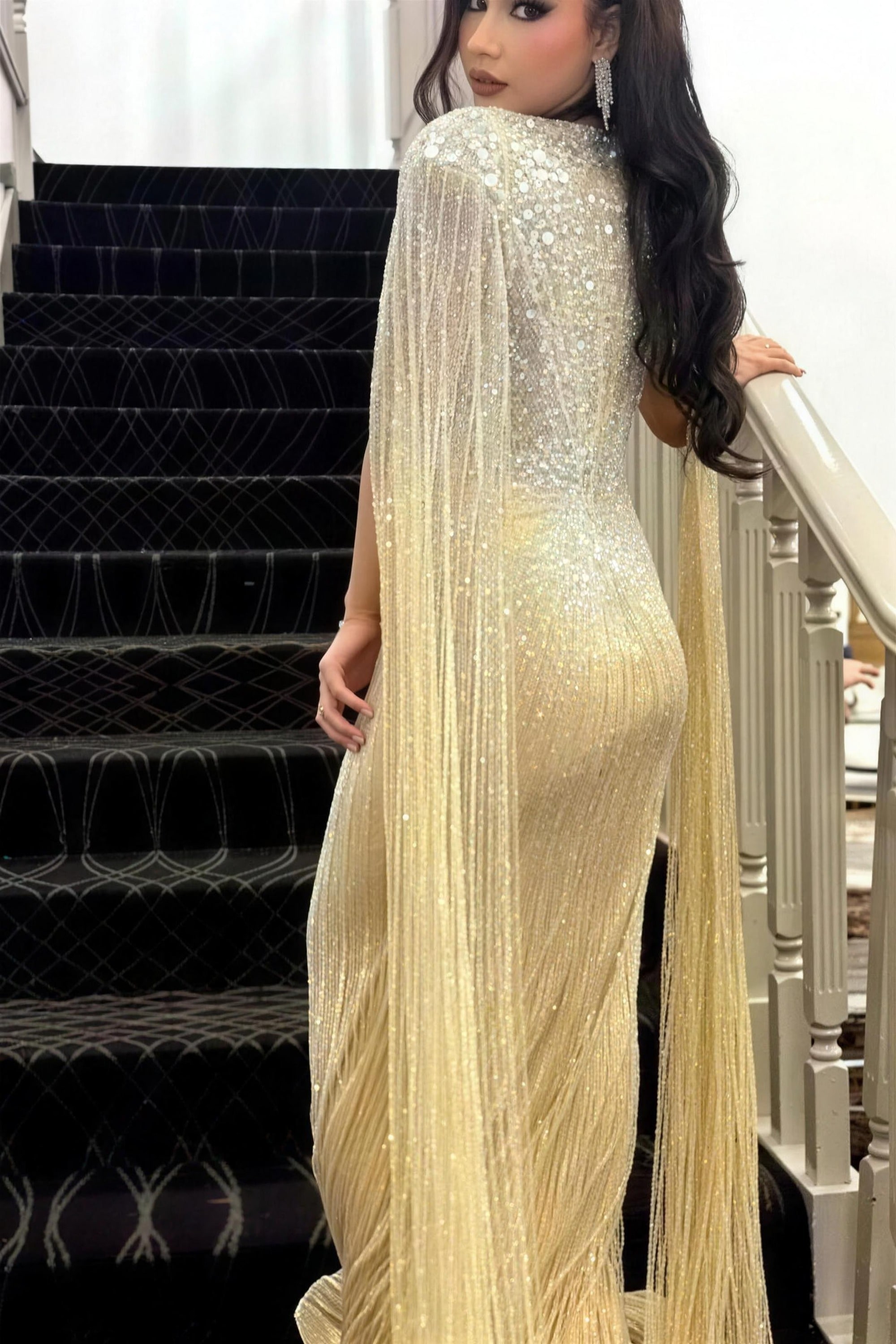 Champagne beaded modest evening gown by RAIÉ Couture