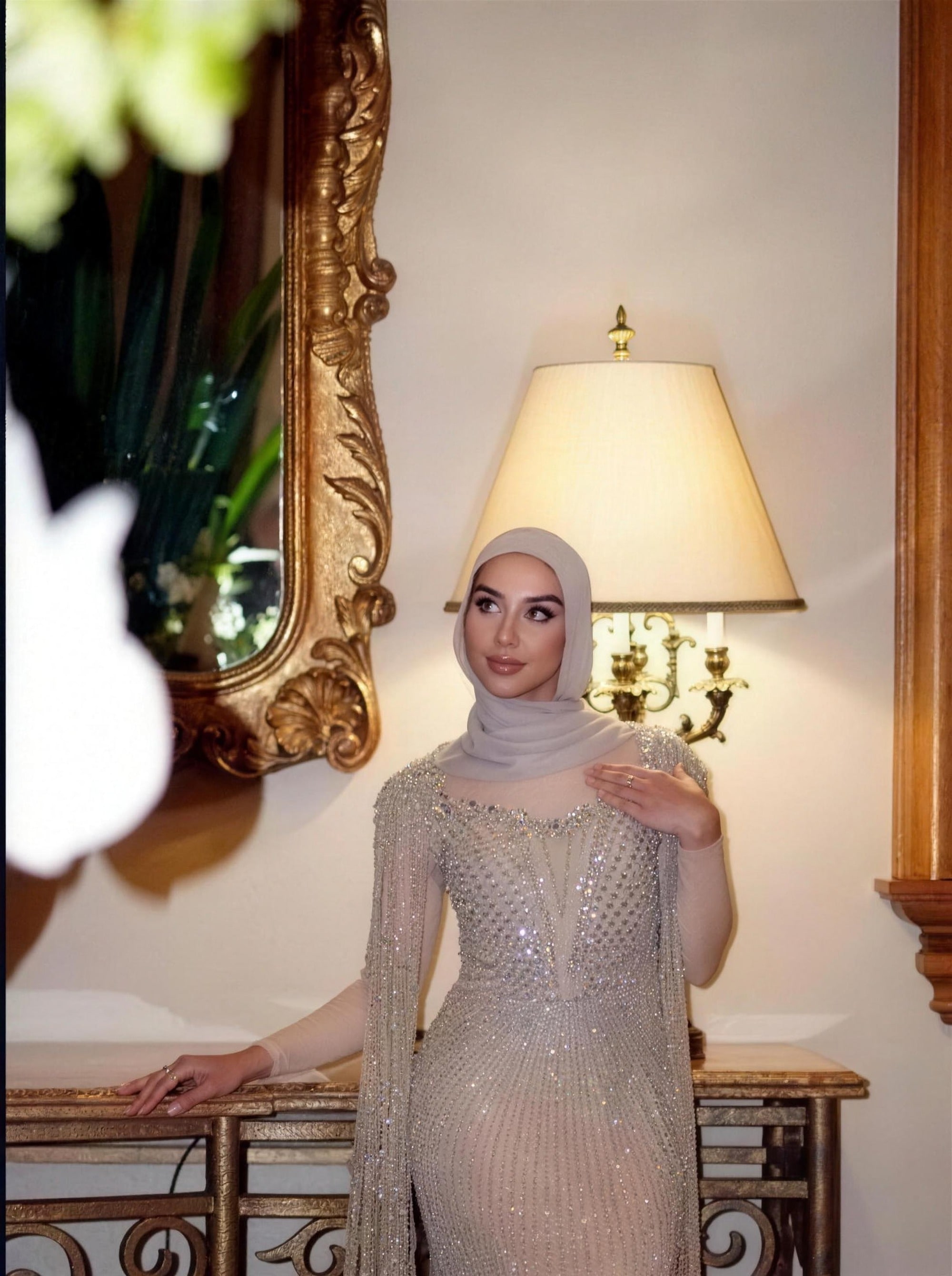 Champagne beaded modest evening gown by RAIÉ Couture