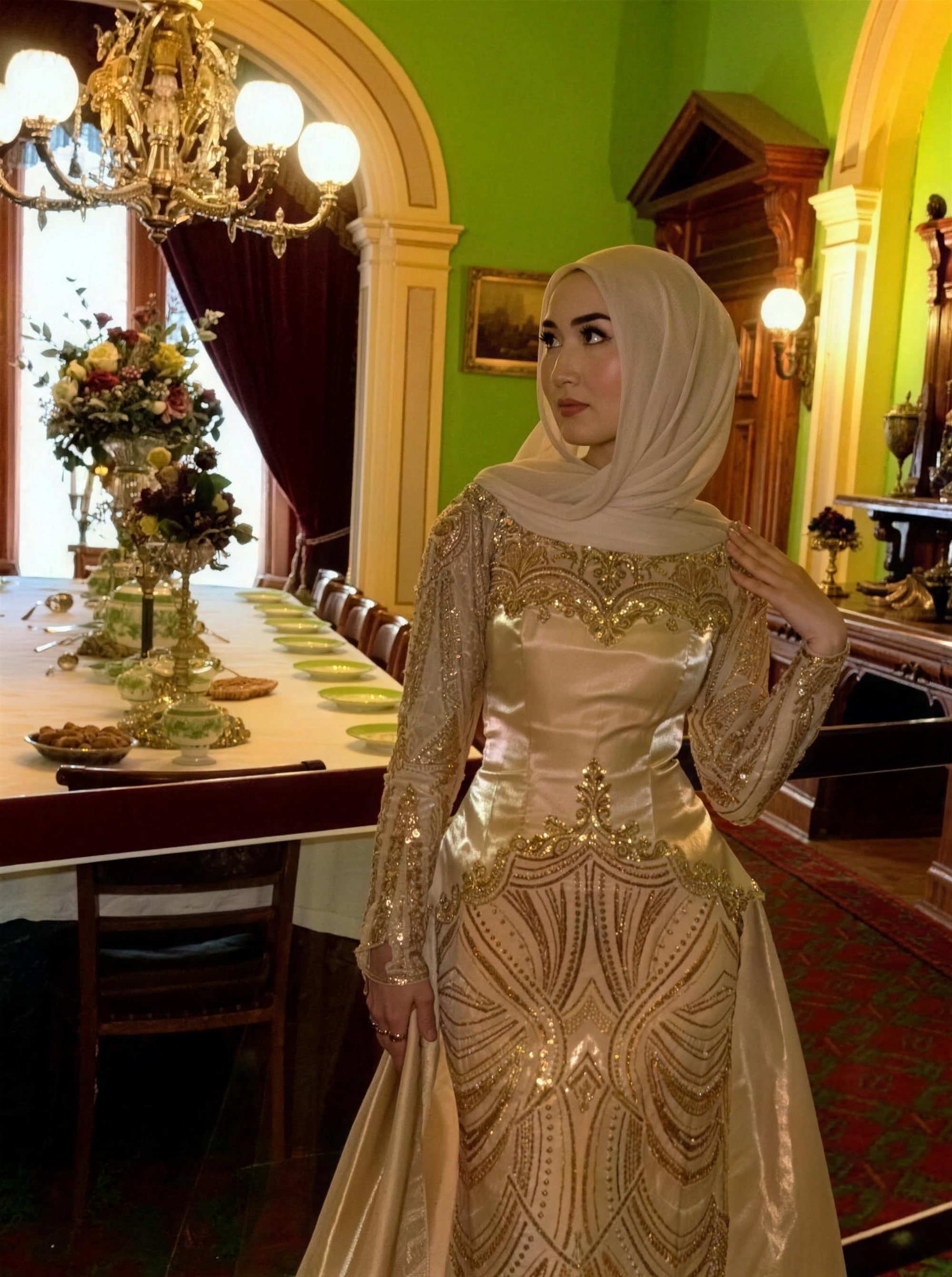 Champagne beaded modest evening gown by RAIÉ Couture