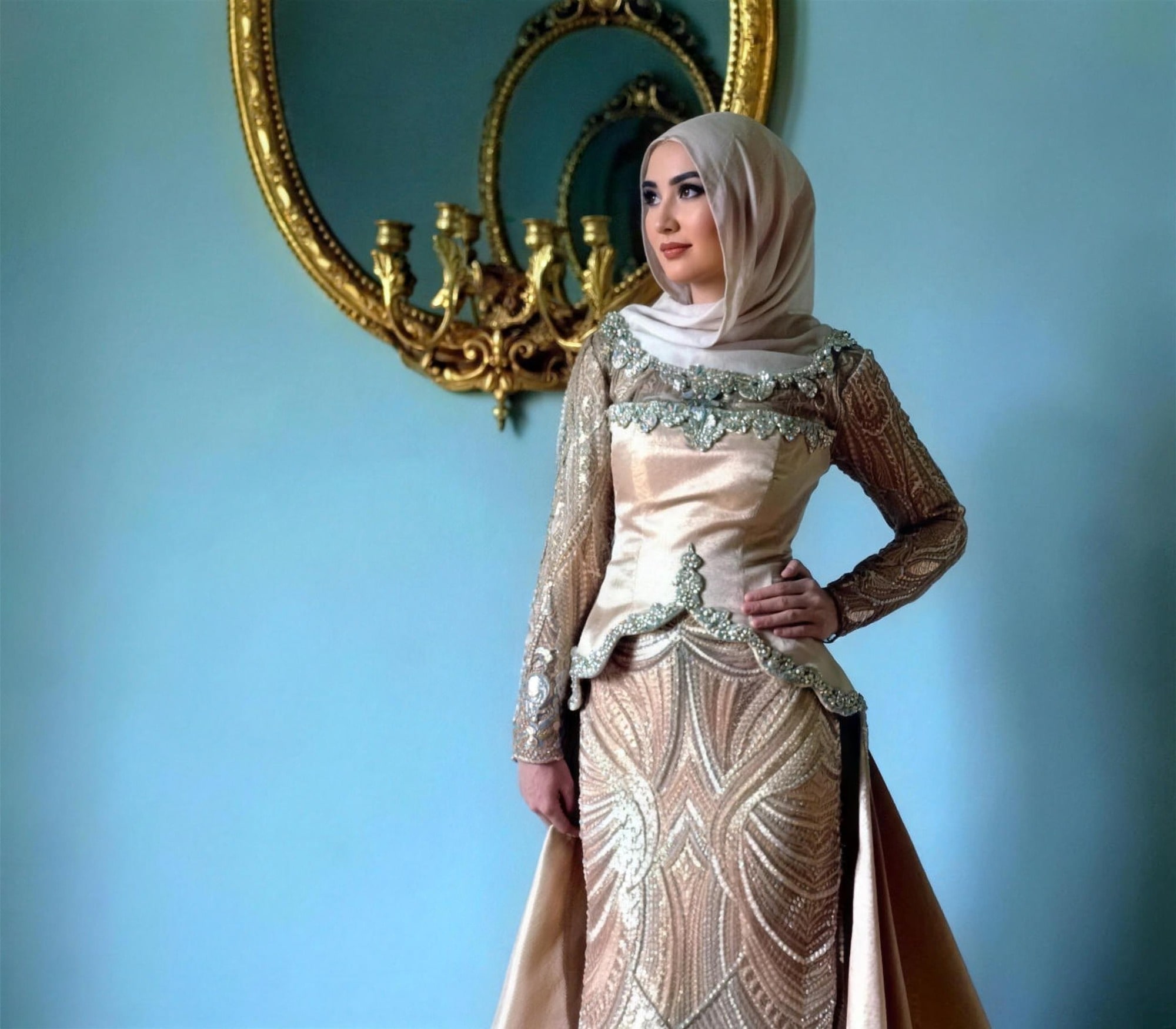 Champagne beaded modest evening gown by RAIÉ Couture