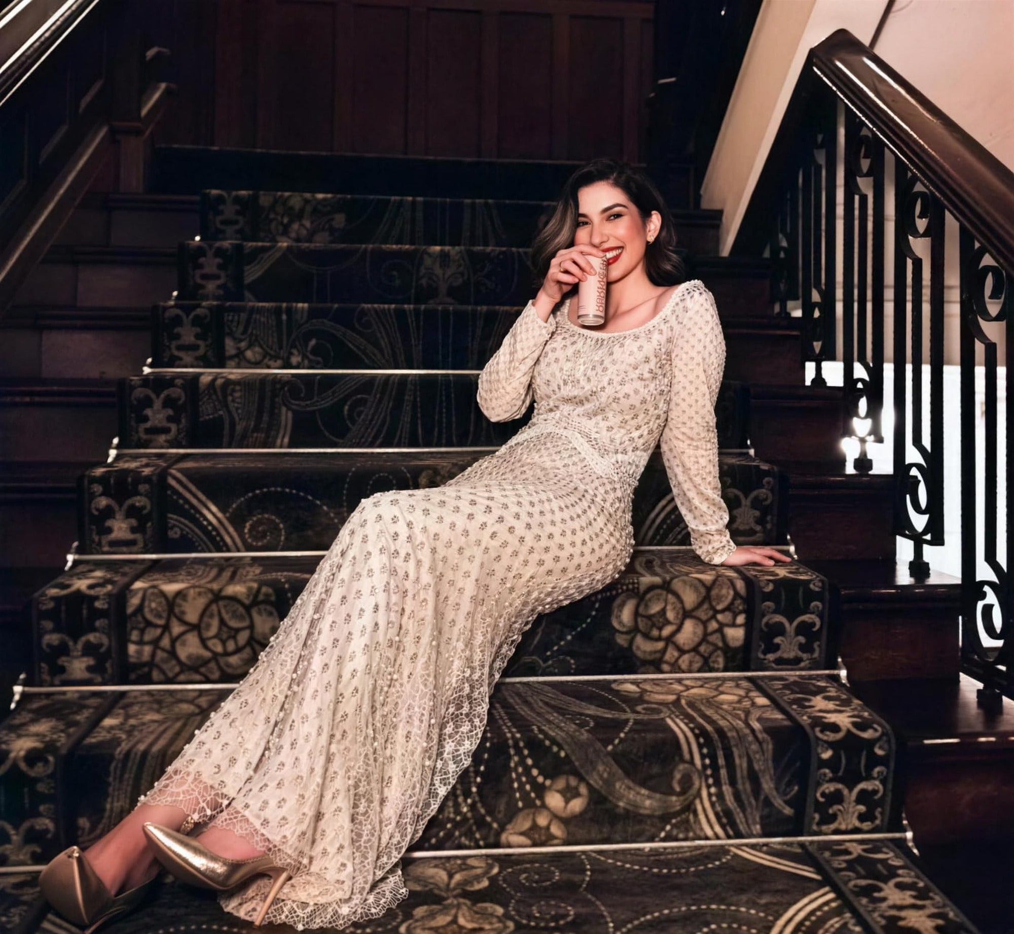 Black-lace modest evening gown by RAIÉ Couture