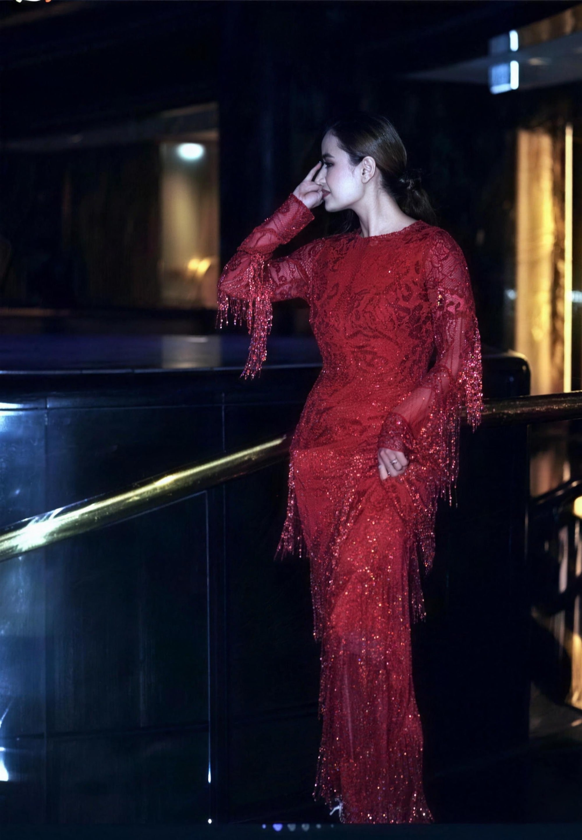 Black-lace modest evening gown by RAIÉ Couture